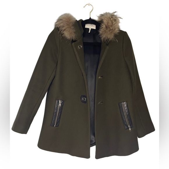 Sandro Wool Coat with Fur-Trimmed Hood - Size EU 36 - Picture 1 of 16